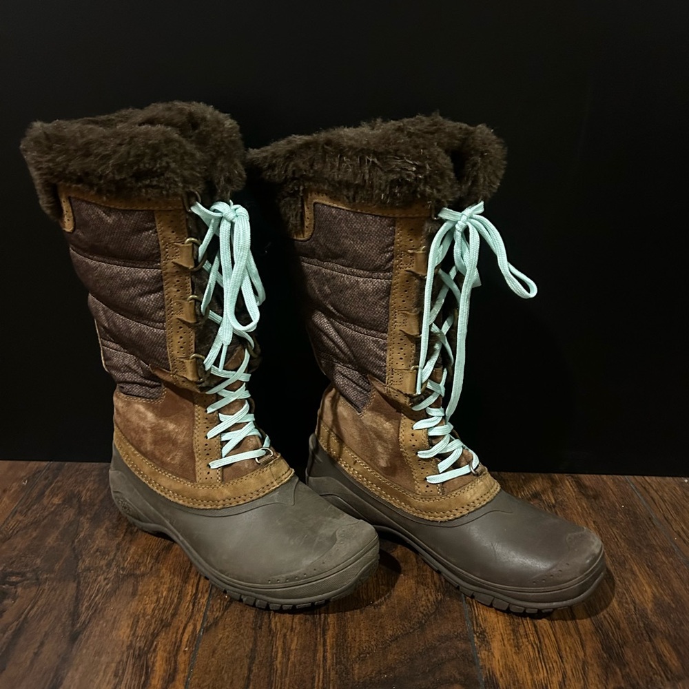 The North Face Brown and Gray Winter Boots with Light Blue Laces